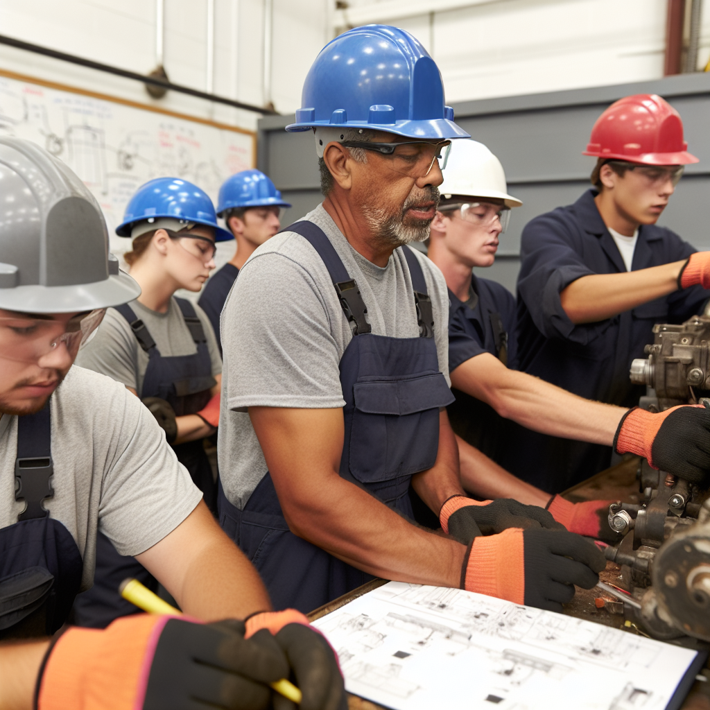Mechaniker warten Baumaschinen in Schulungseinrichtung.