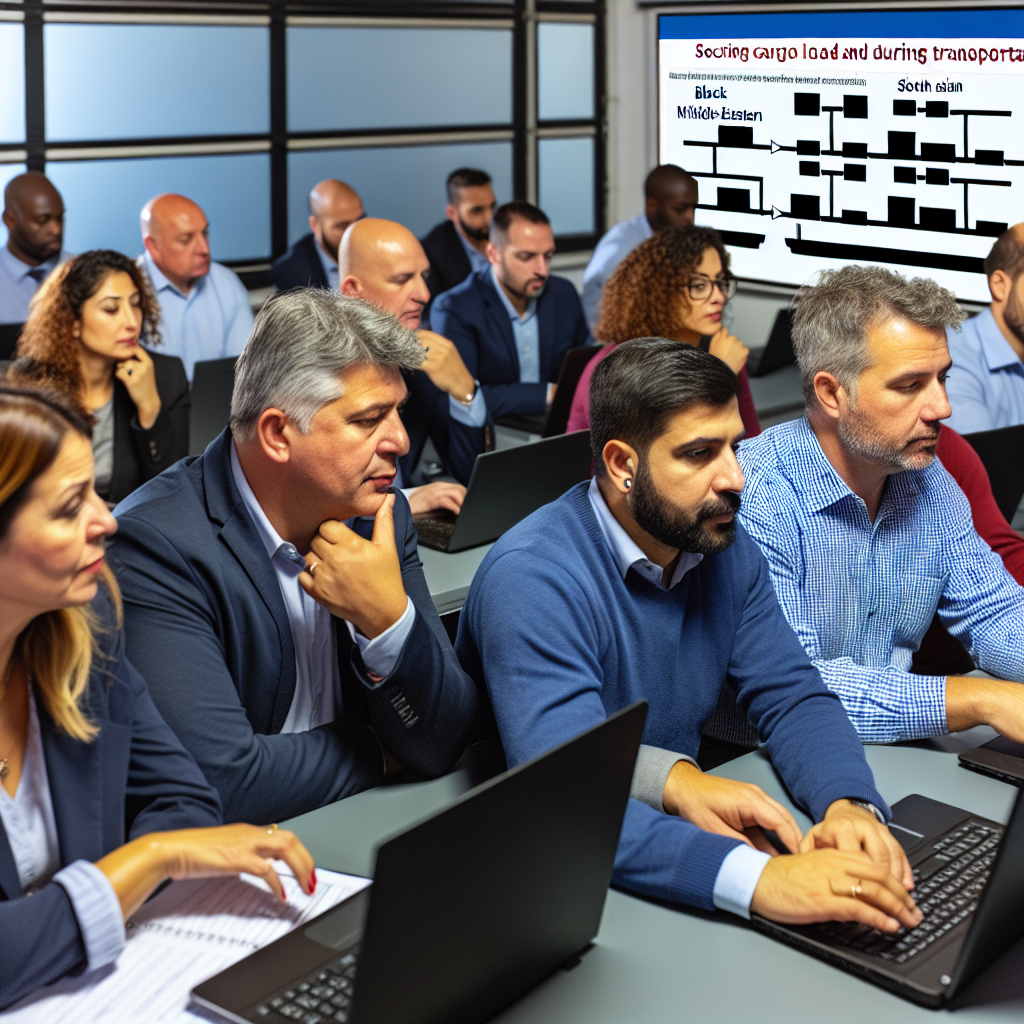 Mitarbeiter lernen Ladungssicherung per Laptop und Workshop.