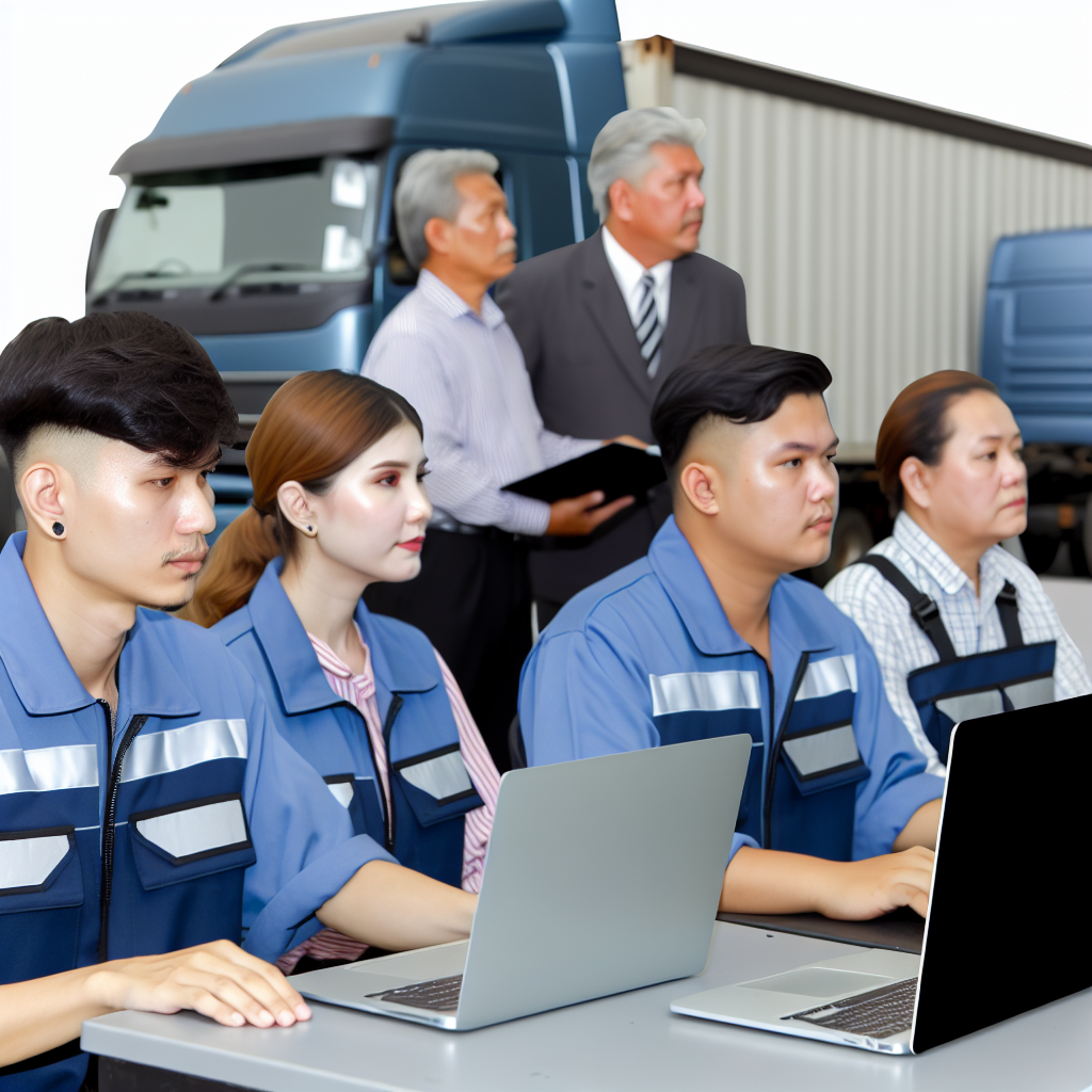 Mitarbeiter lernen Ladungssicherung vor Laptop und LKW.