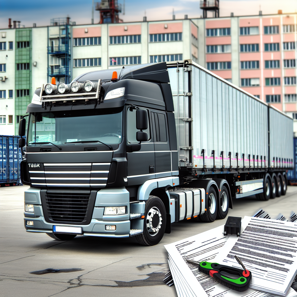 Moderner LKW mit gesicherter Ladung, Schulungsdokumente.