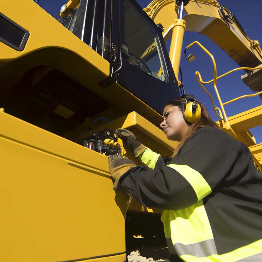 Servicetechniker inspizieren sorgfältig große gelbe Erdmaschine.