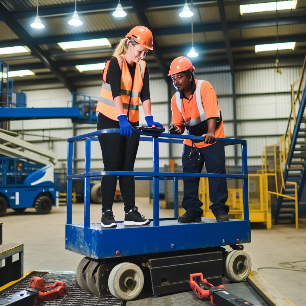 Techniker inspizieren Hubarbeitsbühne in industrieller Umgebung.