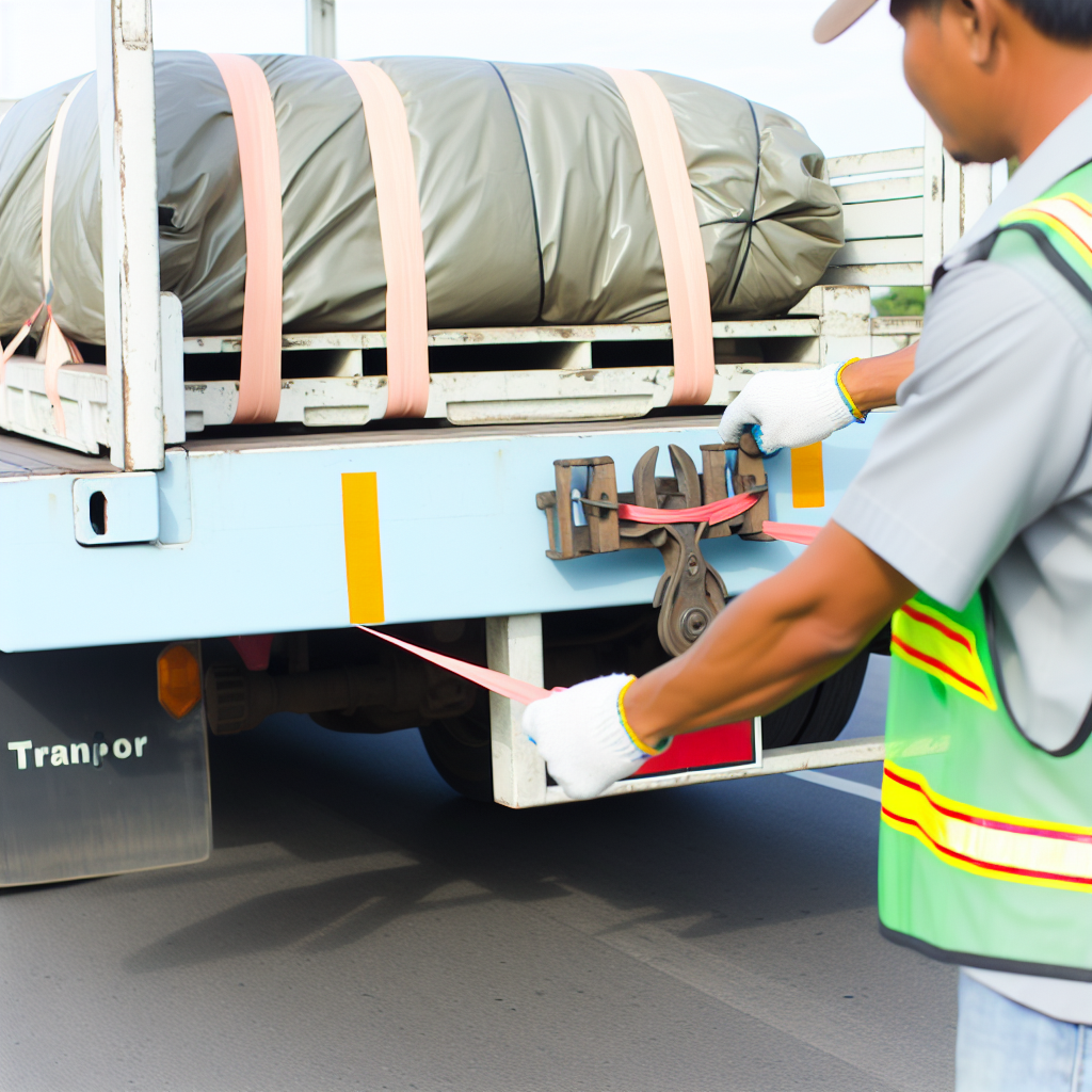 Transport-LKW mit gesicherter Ladung, Sicherheitstechniken demonstriert.