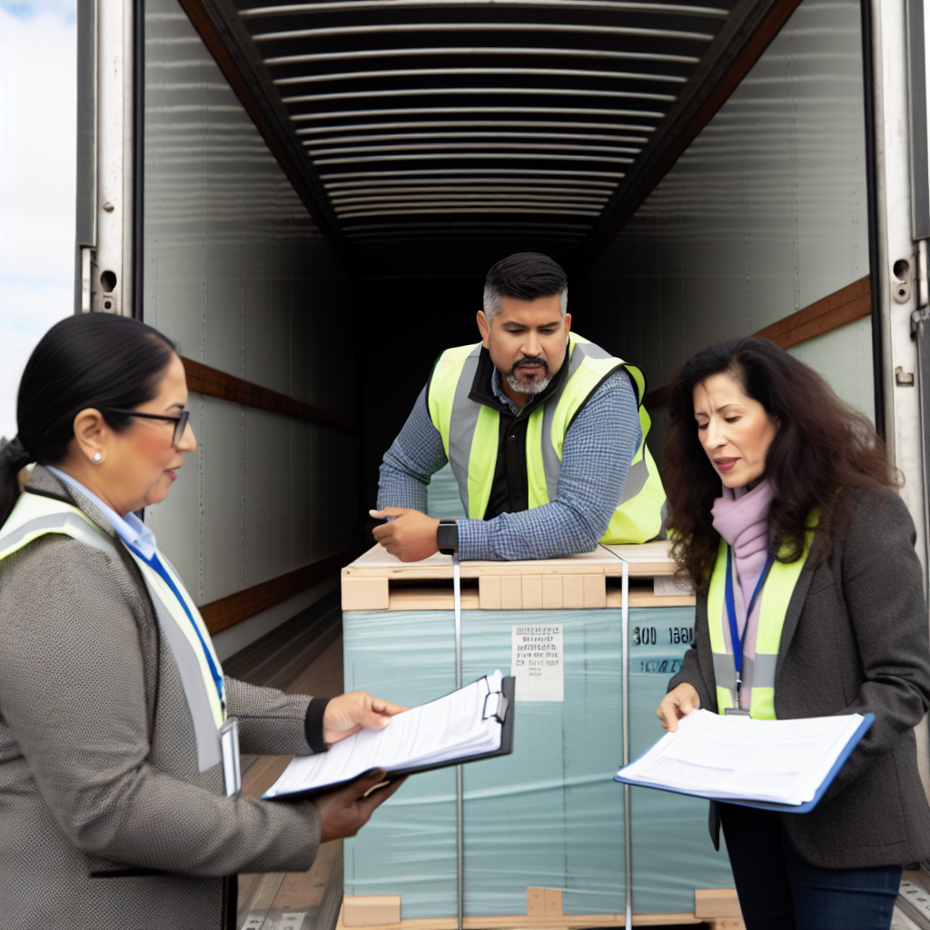 Transport-Lkw mit gesicherter Ladung und Schulungspersonal.
