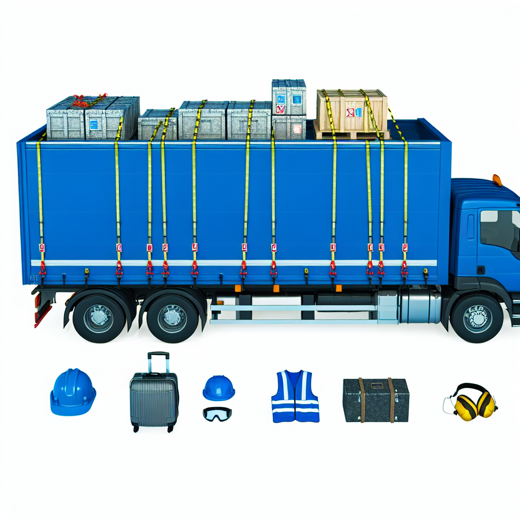 LKW mit gesicherter Ladung, Sicherheitsausrüstung sichtbar.