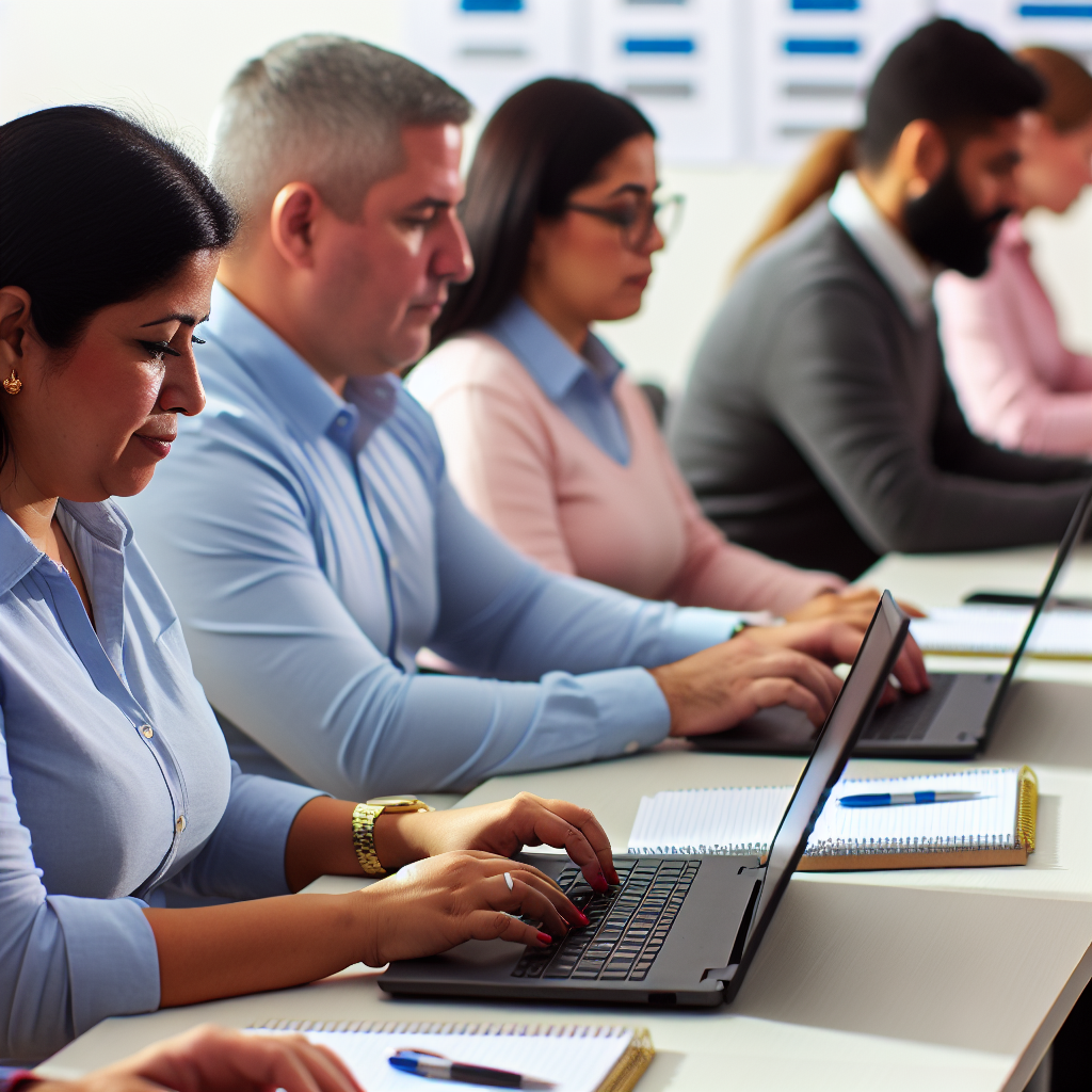 Menschen in Schulung mit Laptops und Notizbüchern.