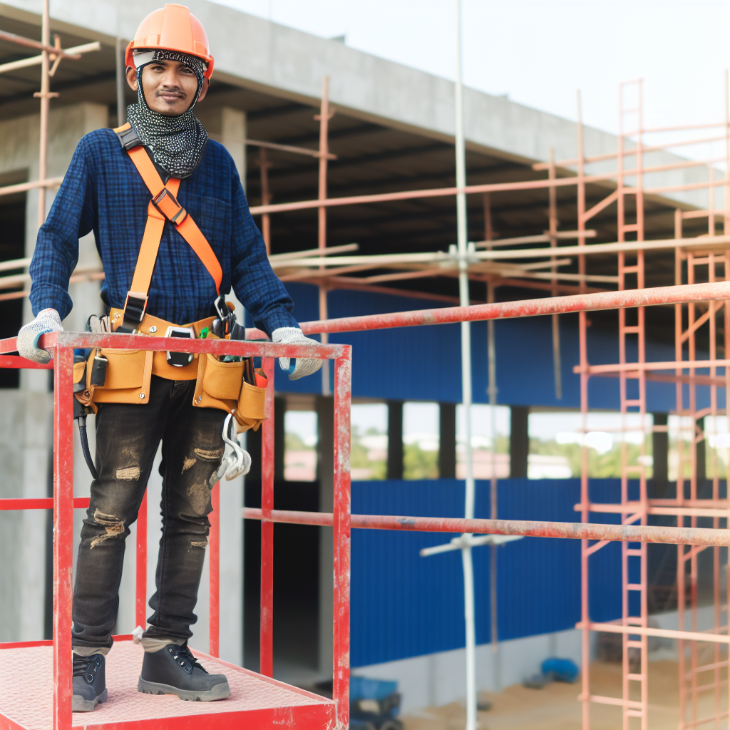 Arbeiter mit Schutzausrüstung auf sicherer Hubarbeitsbühne.