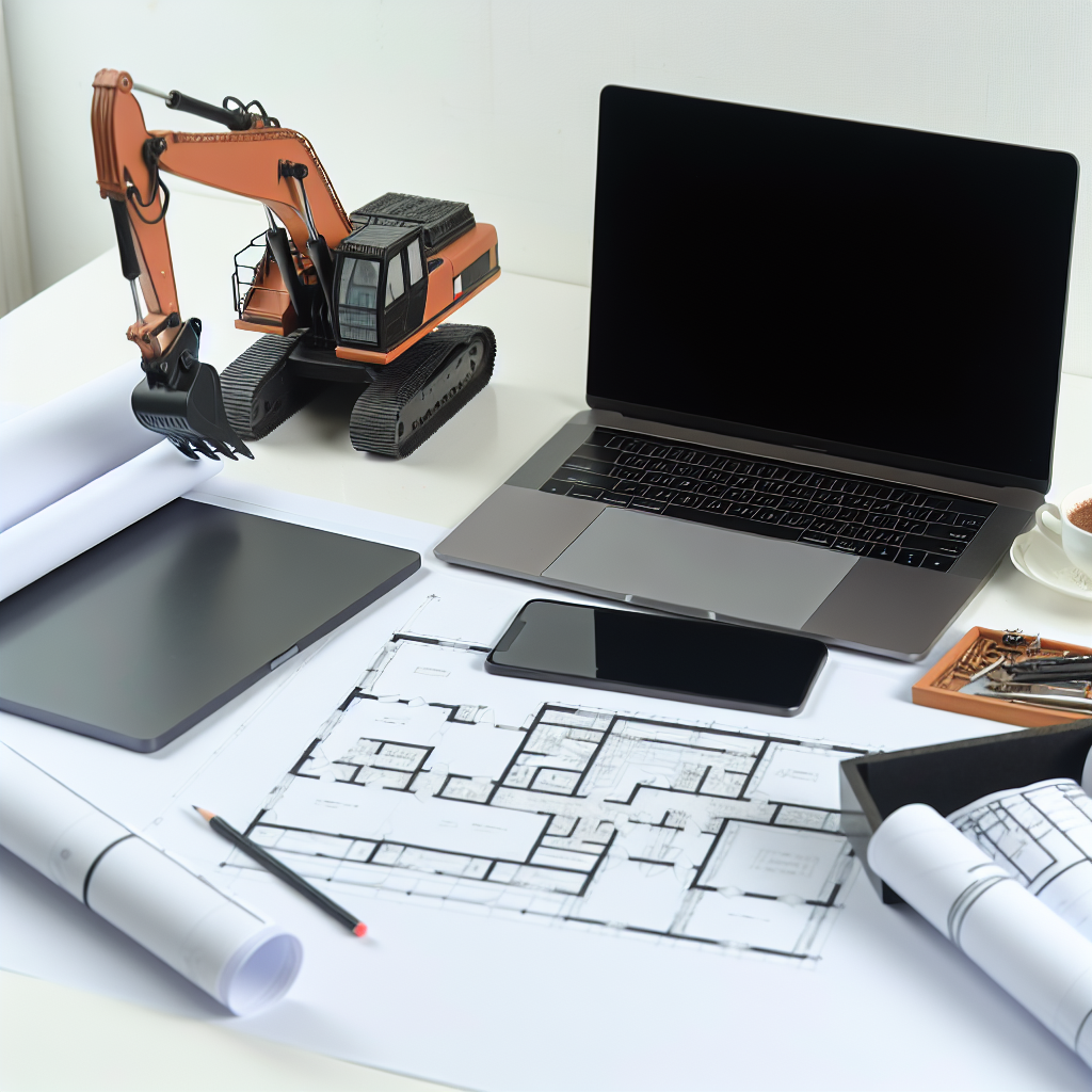 Arbeitsplatz mit Laptop, Bauplänen und Bagger-Modell.