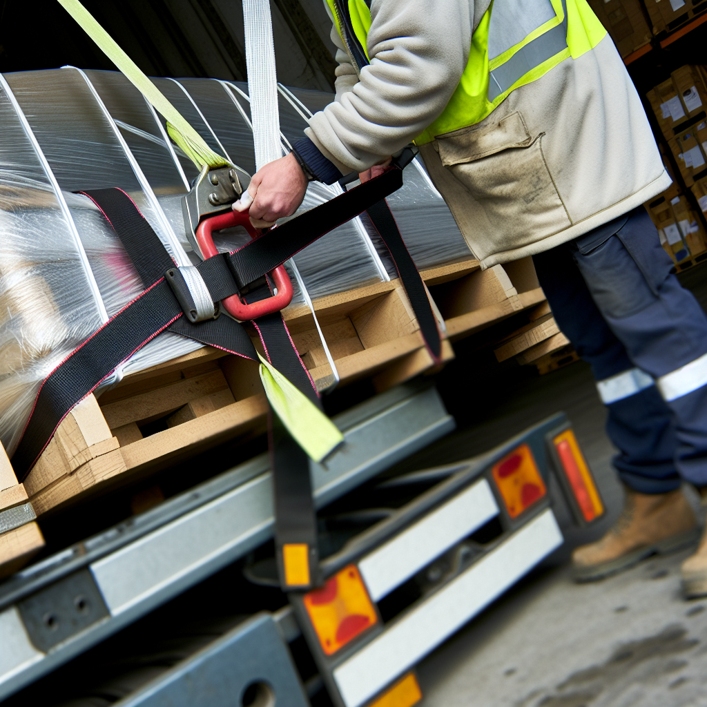Ein Lastwagen wird fachmännisch mit Gurten gesichert.