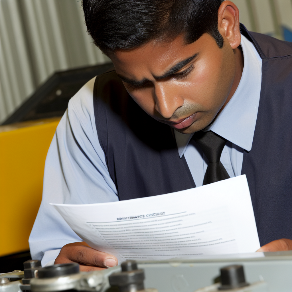 Fachkraft inspiziert Baumaschine mit Wartungscheckliste konzentriert.