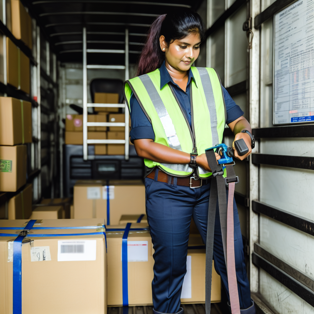 Fachkraft sichert Ladung auf Lkw mit Gurten.