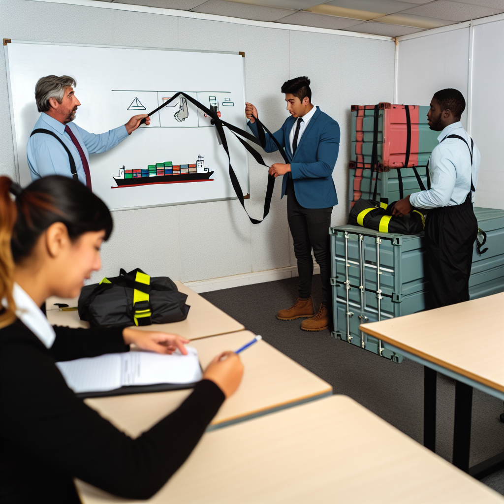 Fachkräfte beim praxisnahen Ladungssicherungs-Training in Seminarraum.