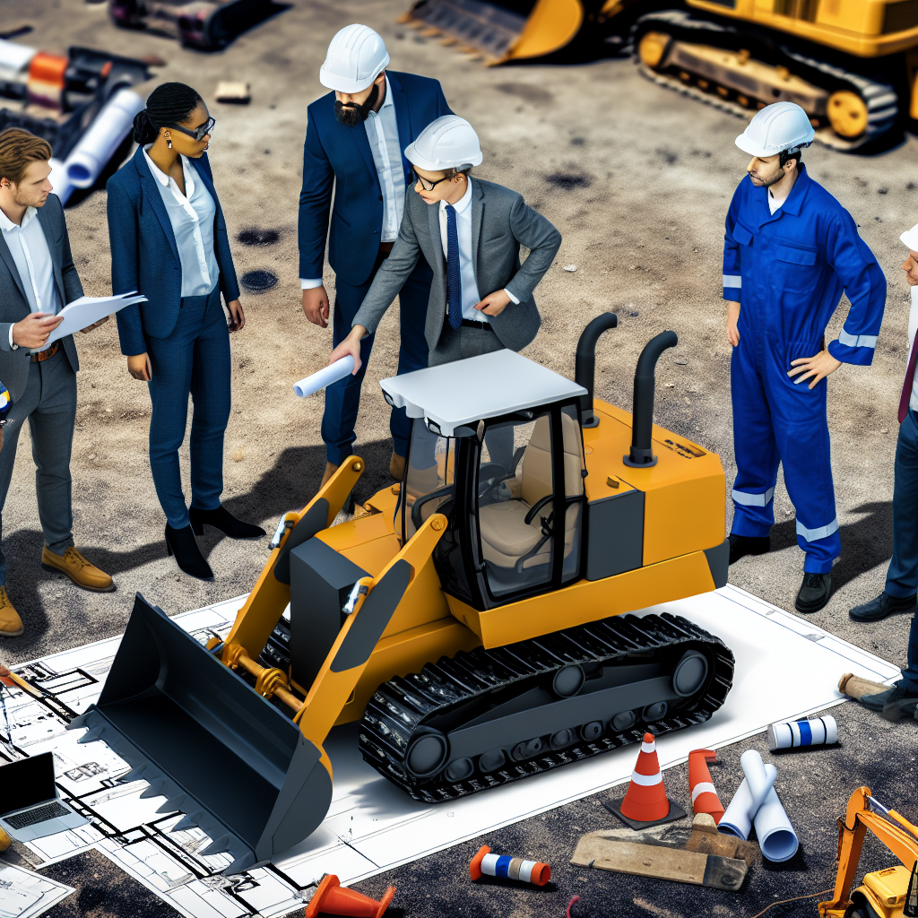 Fachkräfte inspizieren moderne Erdbaumaschine auf Baustelle.