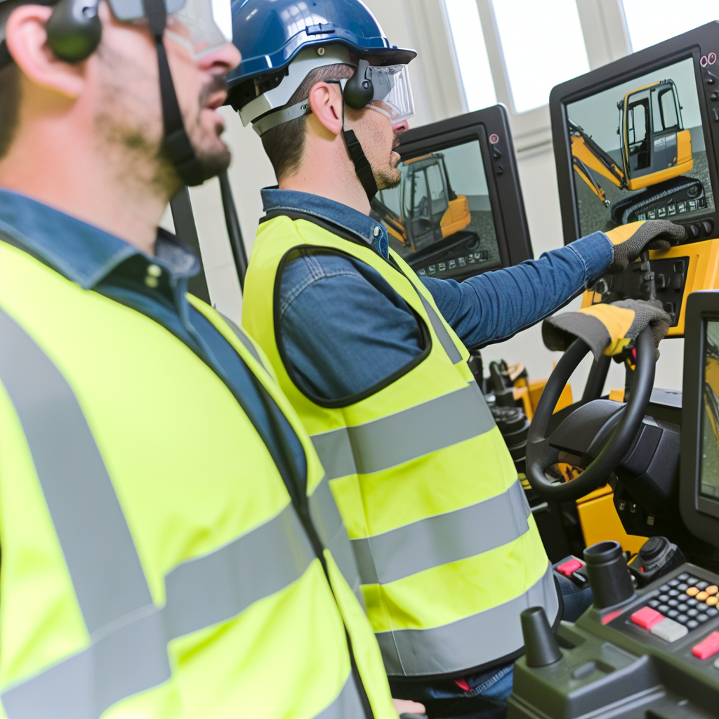 Fachkräfte schulen moderne, sichere Erdbaumaschinenbedienung virtuell.