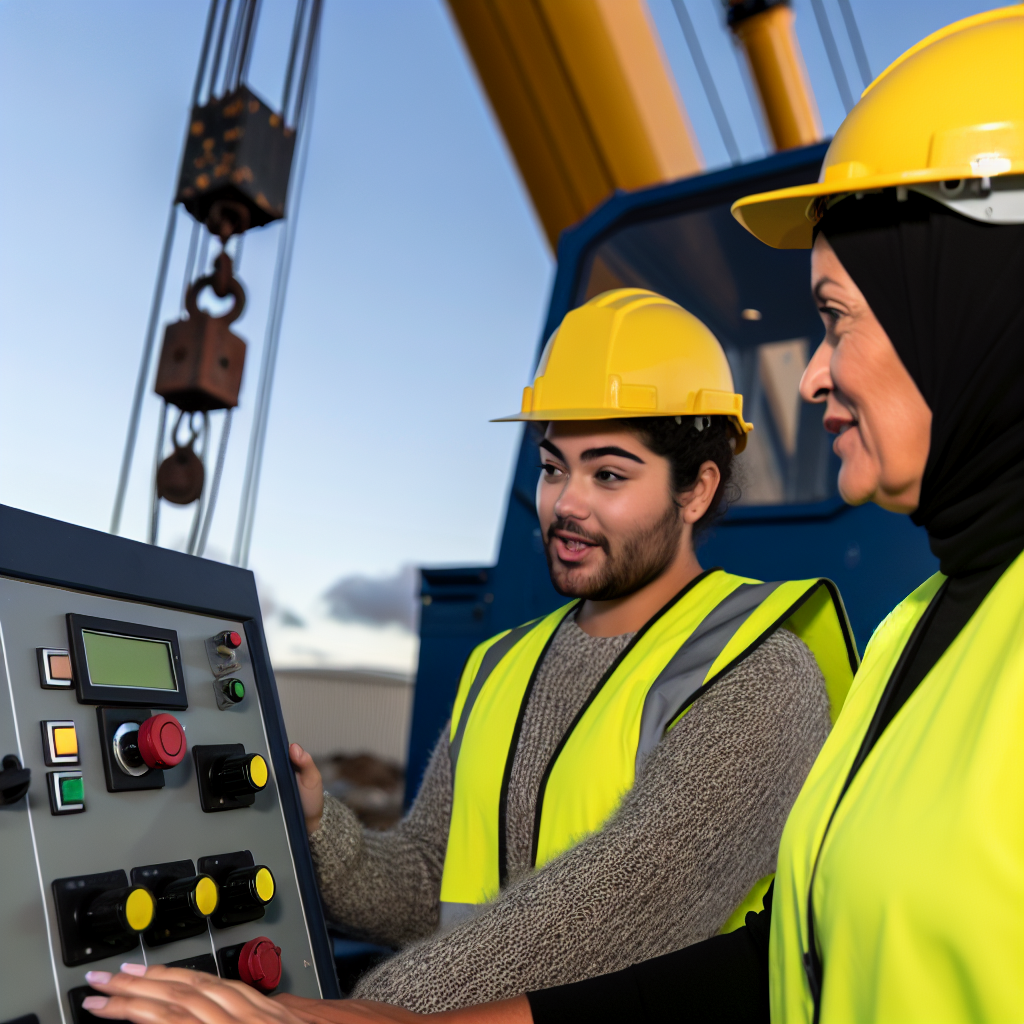 Kranführer in Schulung mit technischem Equipment.