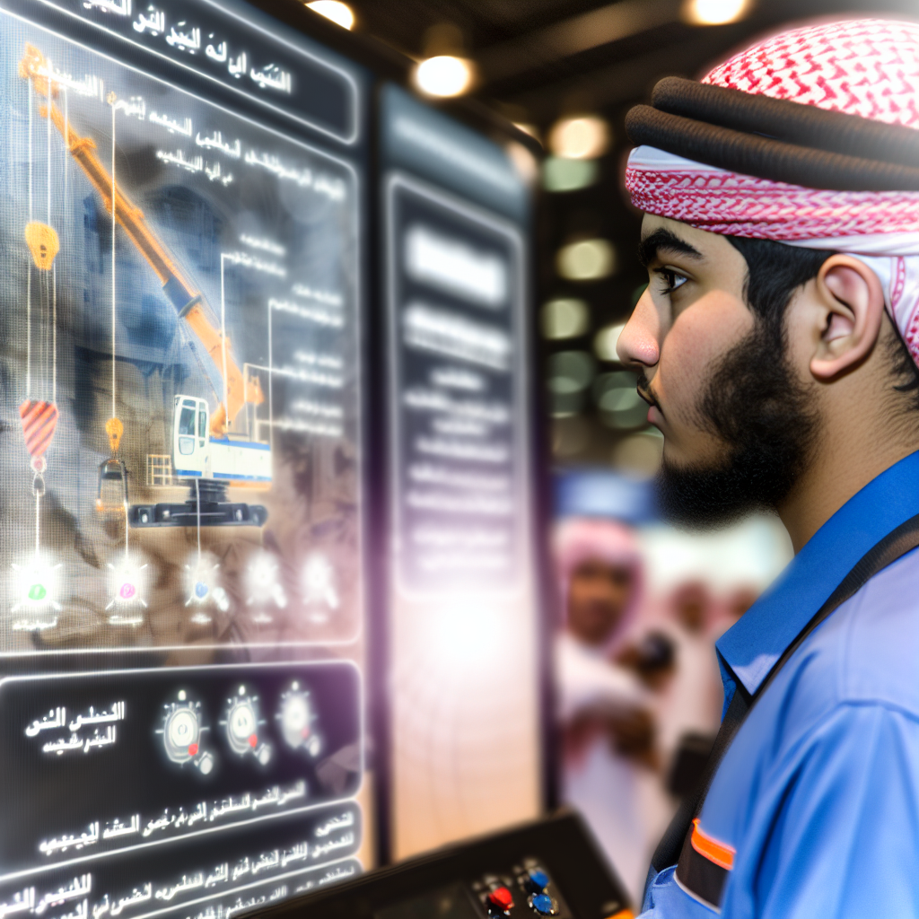 Kranführer in Schulung vor digitalem Lehrbildschirm.