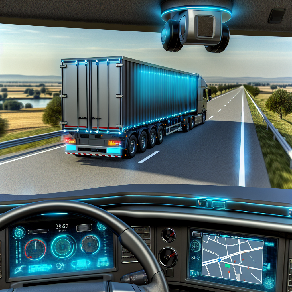 Lastwagen mit gesicherter Ladung, digitale Überwachungssysteme aktiv.