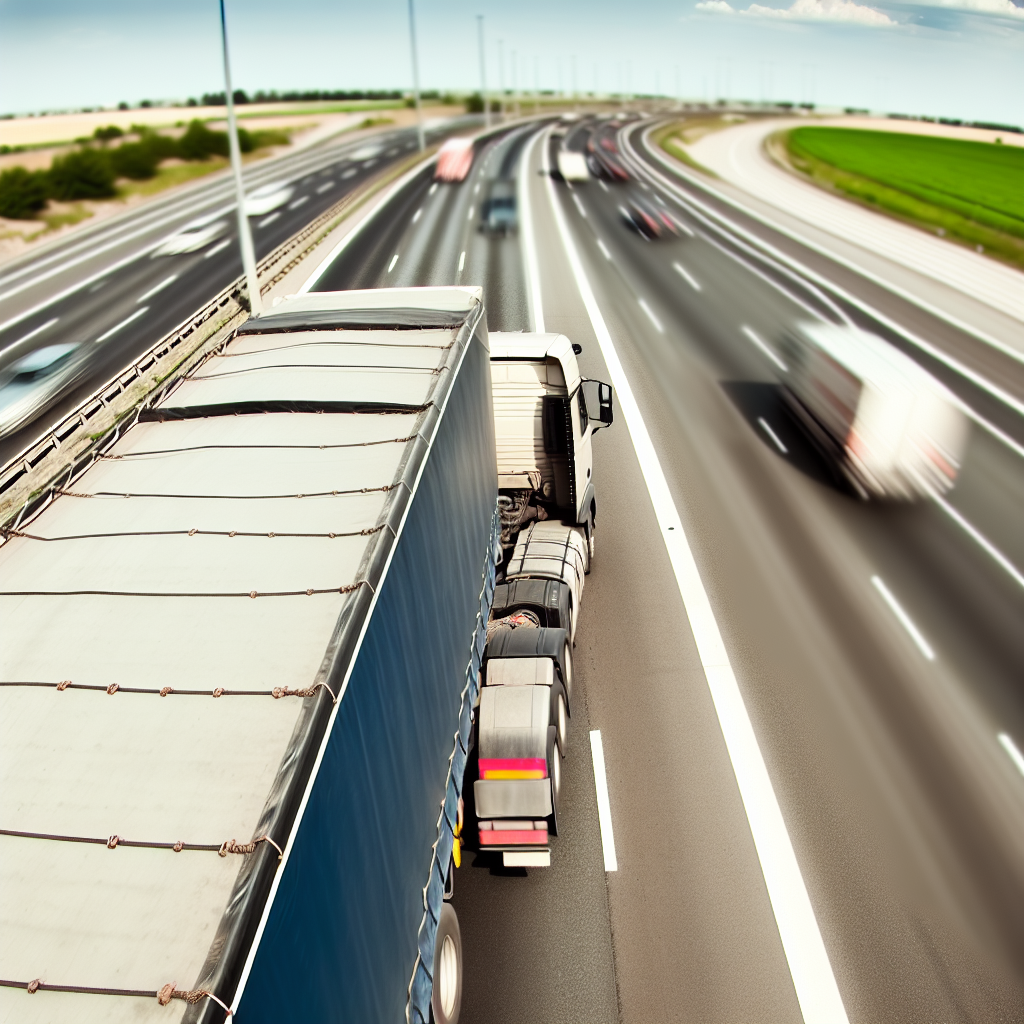 Lastwagen mit sorgfältig gesicherter Ladung auf Autobahn.