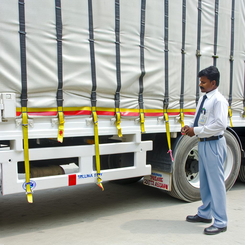 Lkw mit gesicherter Ladung, Fahrer überprüft Sicherheit.