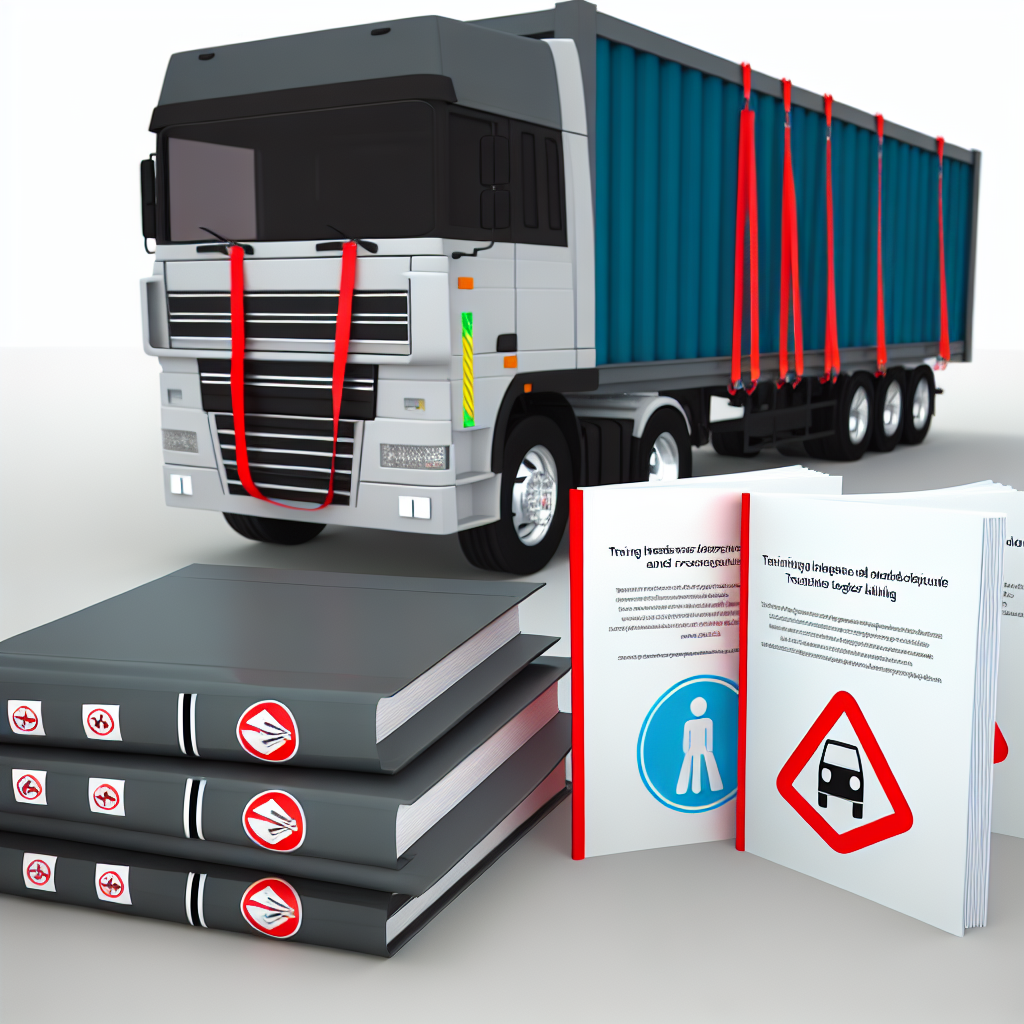 LKW mit gesicherter Ladung, Schulungsunterlagen daneben.