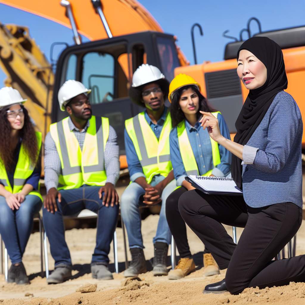 Mitarbeiter bei Erdbaumaschinen-Schulung mit Dozent.