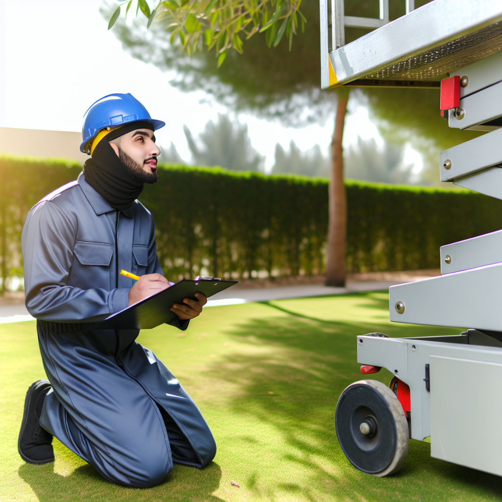 Techniker inspiziert Hebebühne während Schulungssitzung draußen.