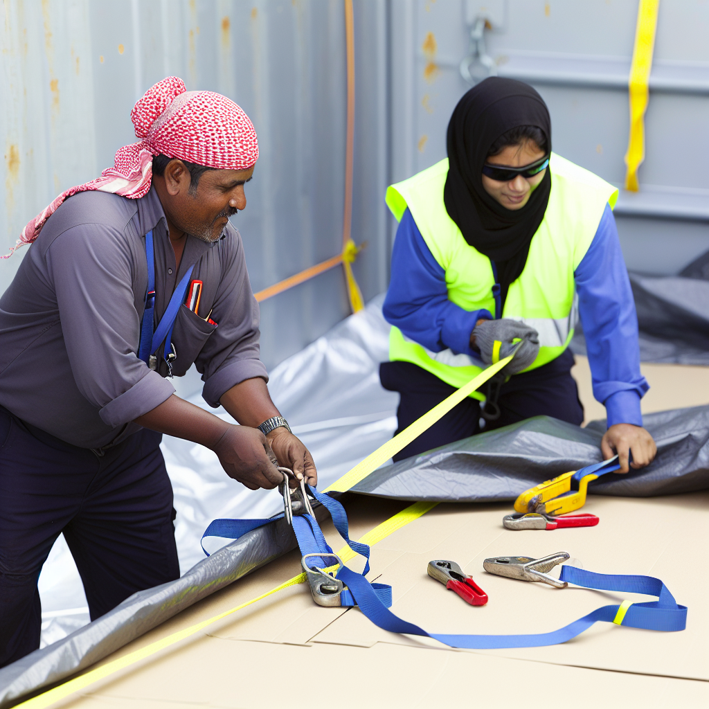 Techniker sichern Fracht mit Gurten und Planen.