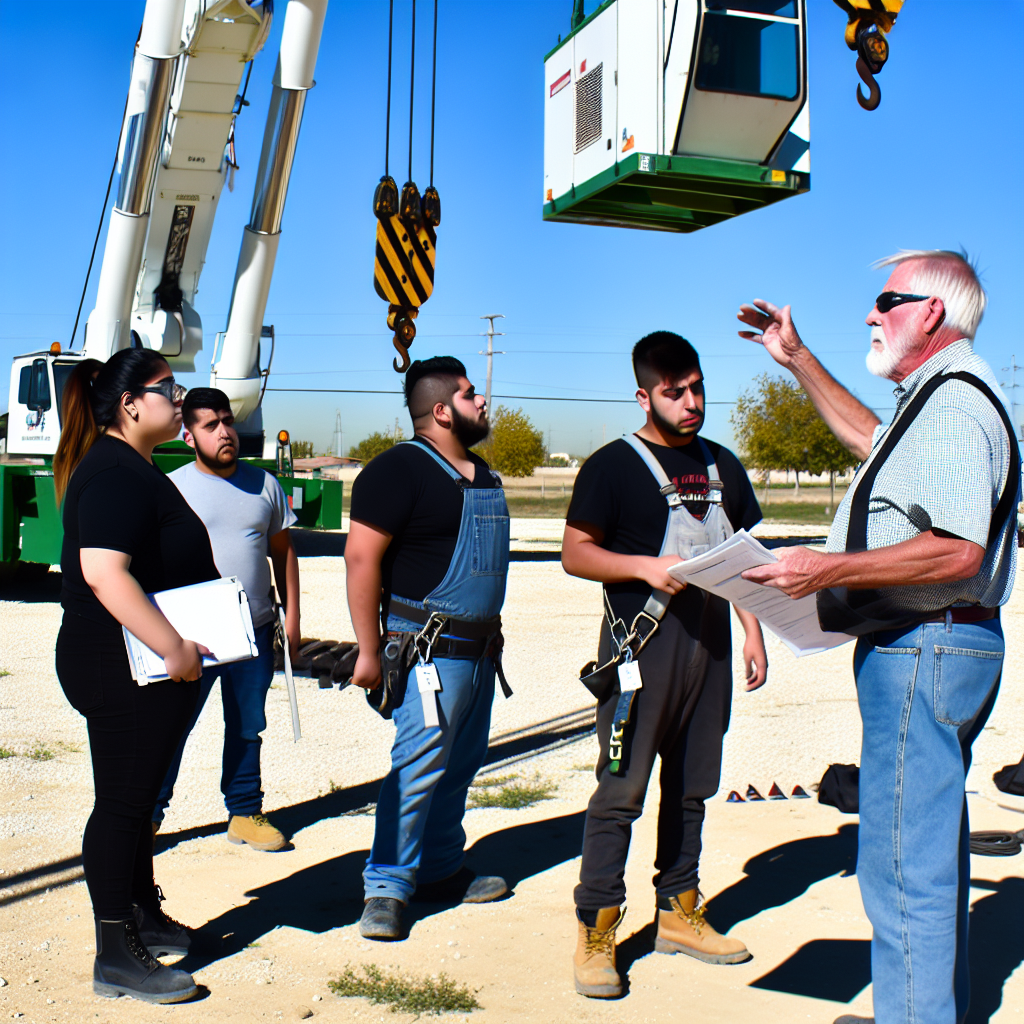 Teilnehmer üben Kranbedienung mit erfahrenem Ausbilder.