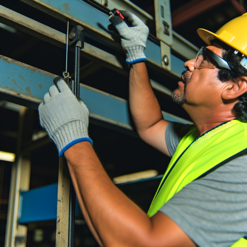 Arbeiter inspiziert Hebebühne bei Sicherheitsprüfung routiniert.