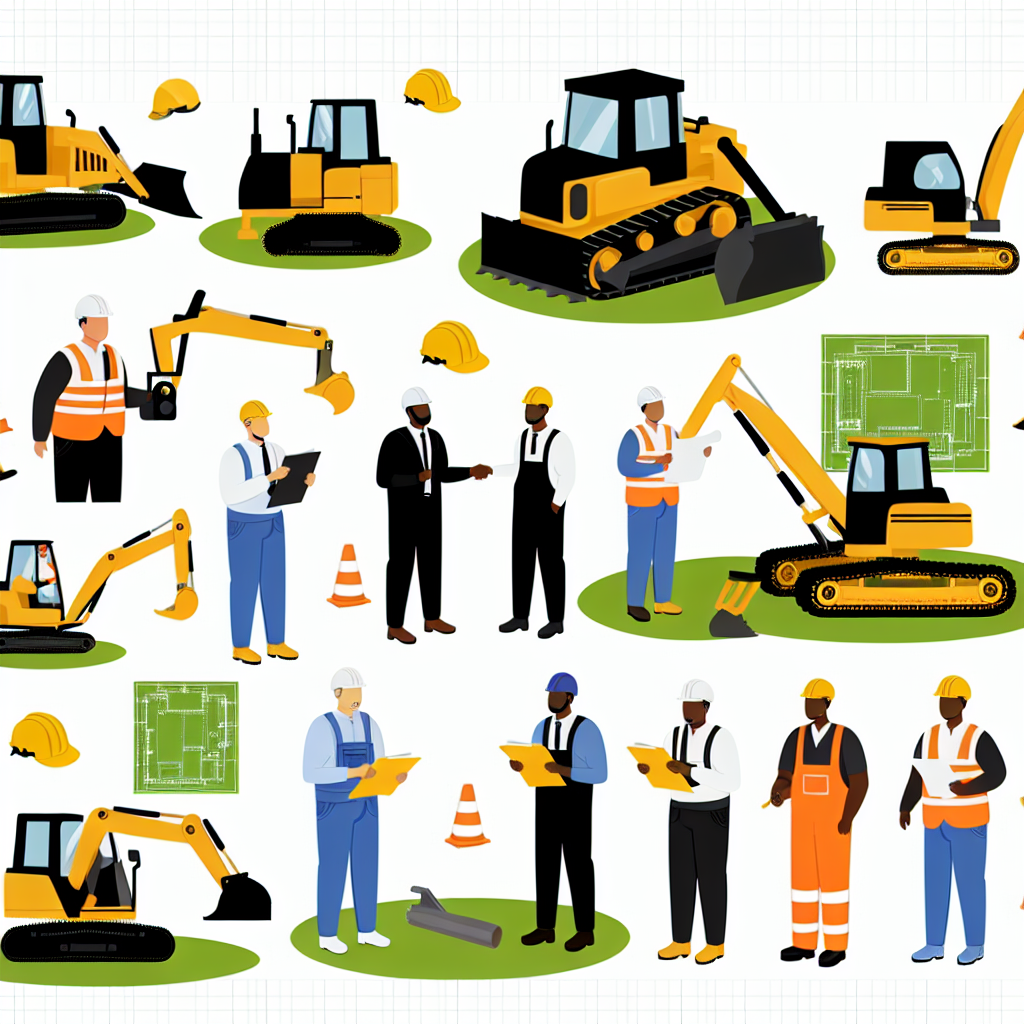 Baustellenszene mit Schulung von Erdbaumaschinenfahrern.