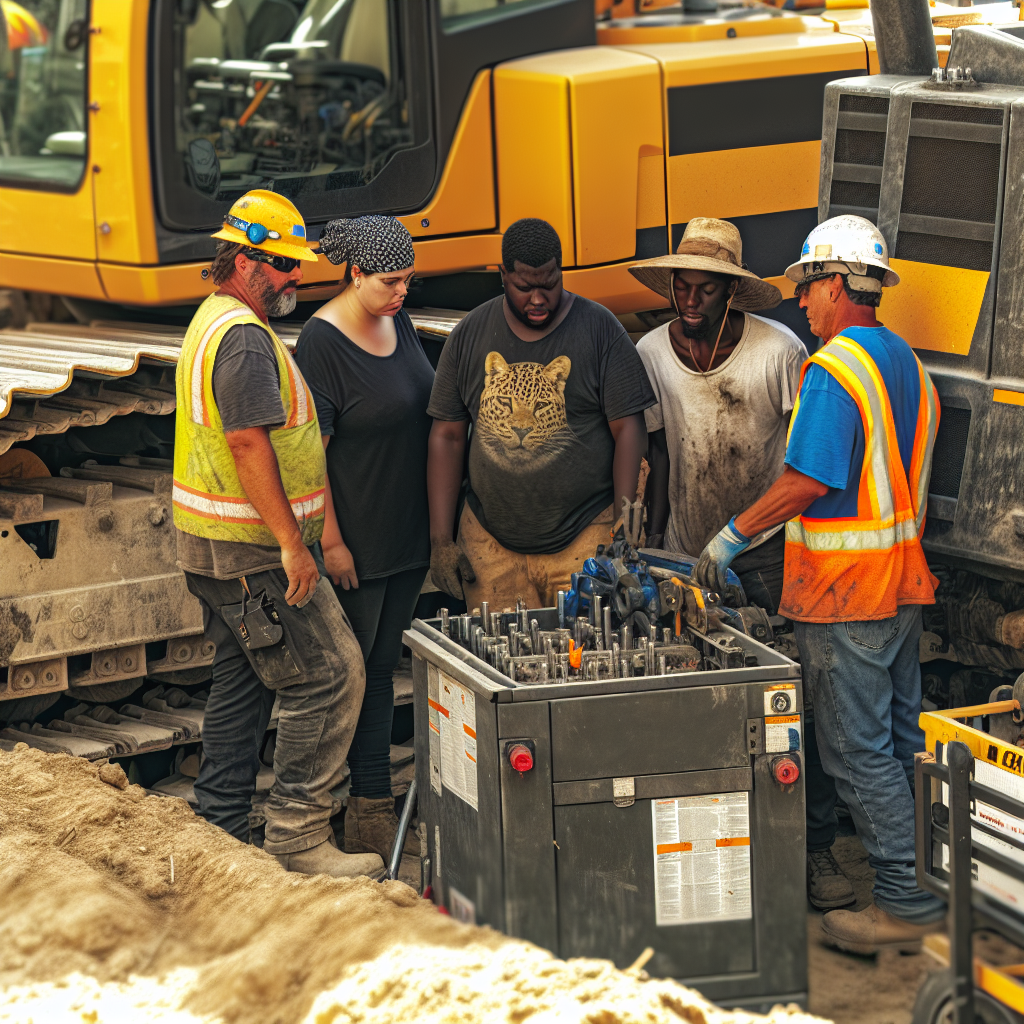 Erdbaumaschine, Wartungsteam beim Sicherheitscheck, lebendige Baustelle.