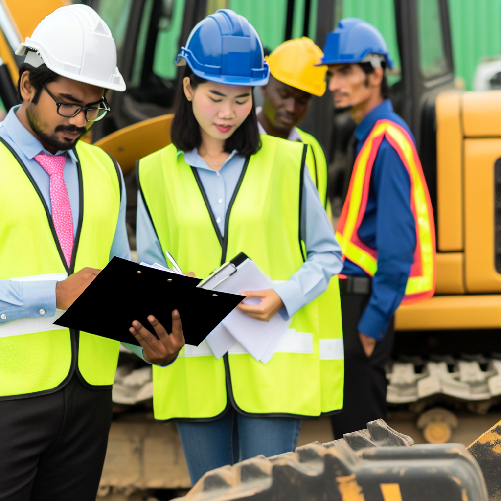 Erdbaumaschinen-Wartungsteam inspiziert Ausrüstungen mit Checkliste.