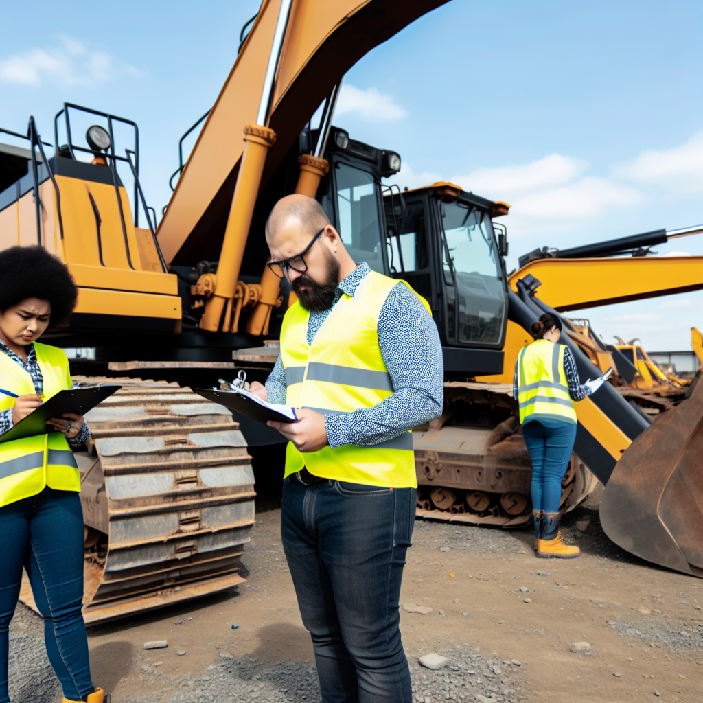 Fachkräfte warten Erdbaumaschinen mit Checkliste und Schulung.