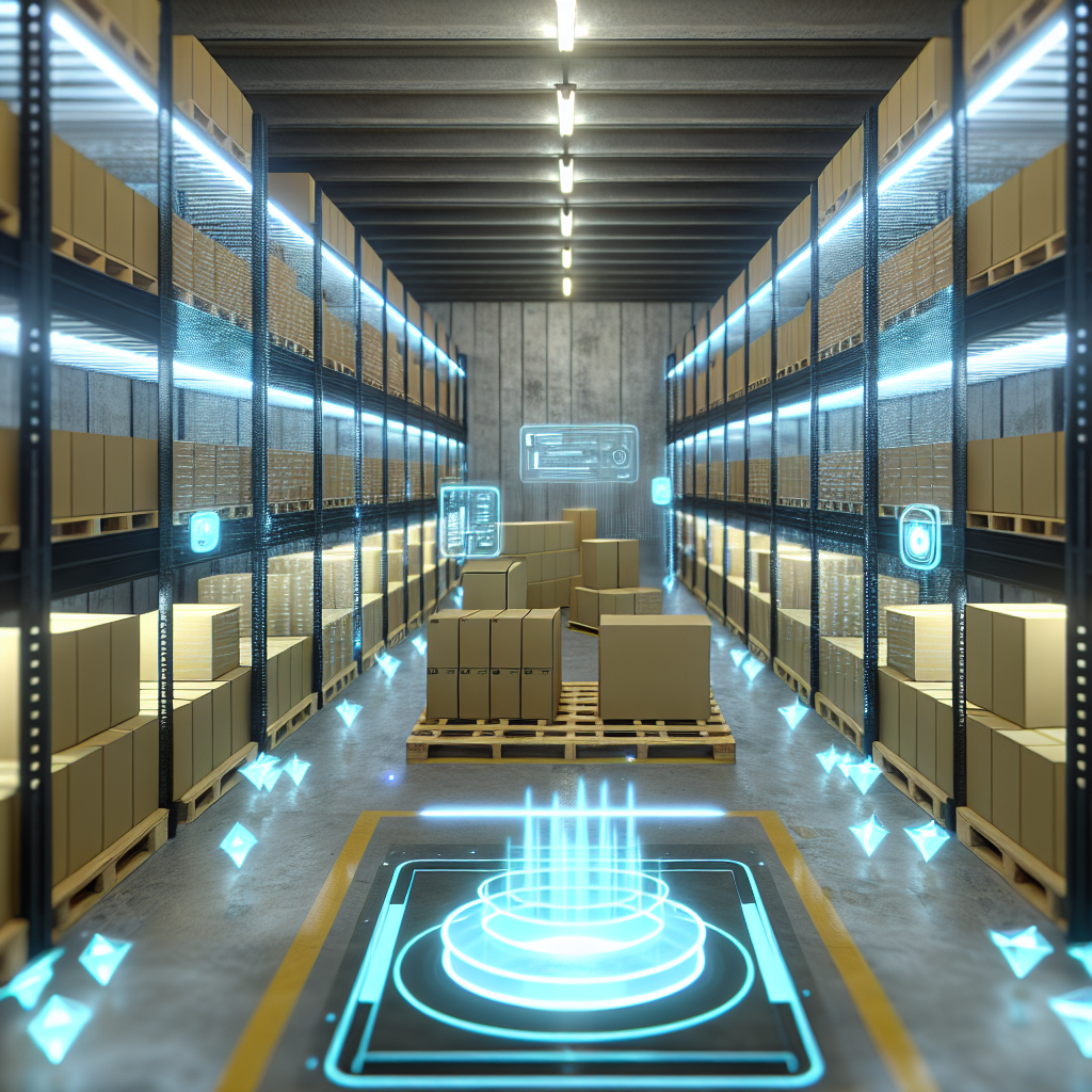 Futuristische Lagereinrichtung mit Sensoren und Augmented Reality.