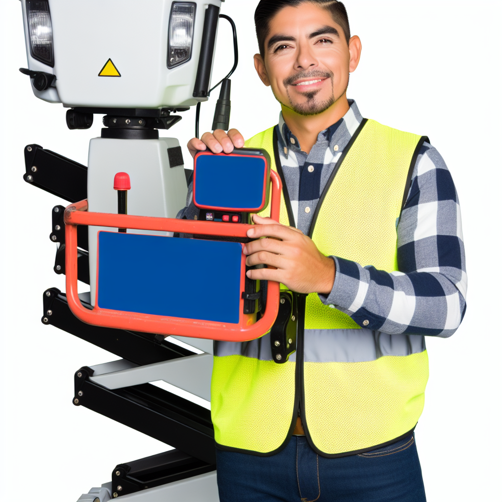 Hubarbeitsbühne mit Bediener und umfassenden Sicherheitseinrichtungen.