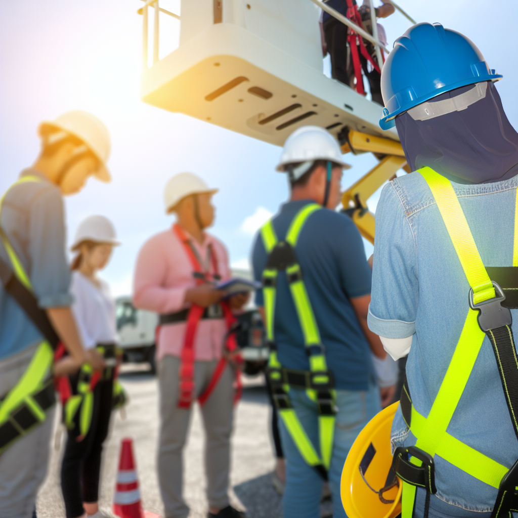 Hubarbeitsbühne, Schulungsszene, Sicherheitsausrüstung, Technik, Stabilität, Weiterbildung.