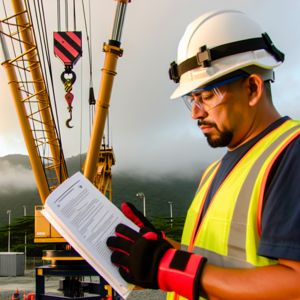 Kranarbeiter bei Schulung mit Sicherheitsausrüstung und Handbuch.