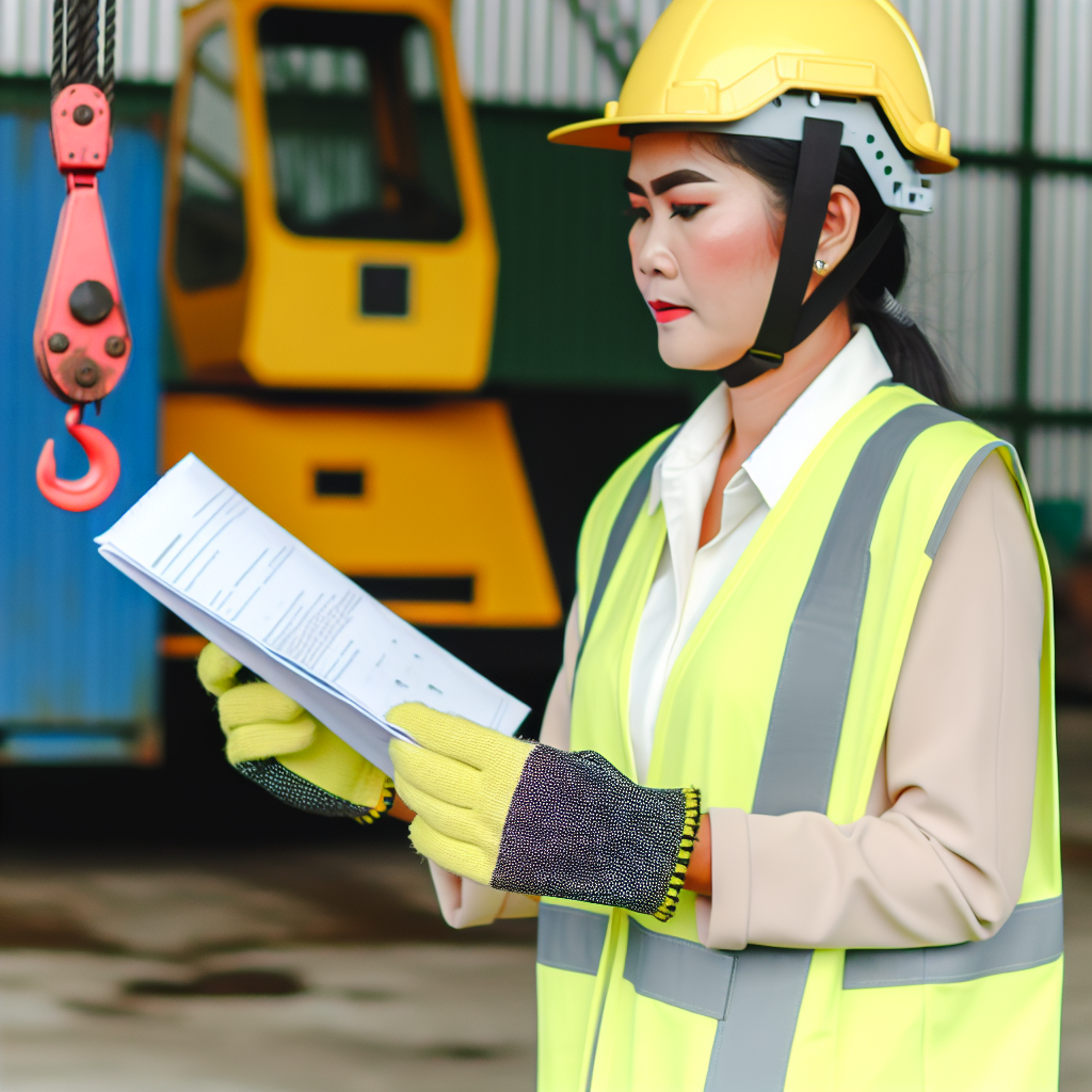 Kranführer bei Schulung mit Sicherheitsausrüstung und Handbuch.