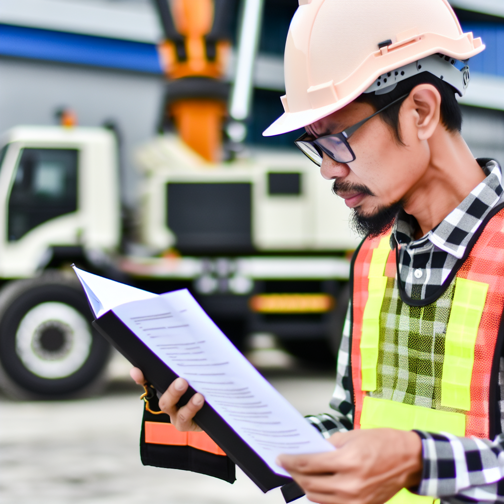 Kranführer bei Schulung, Sicherheitsvorschriften prüfend, konzentriert.