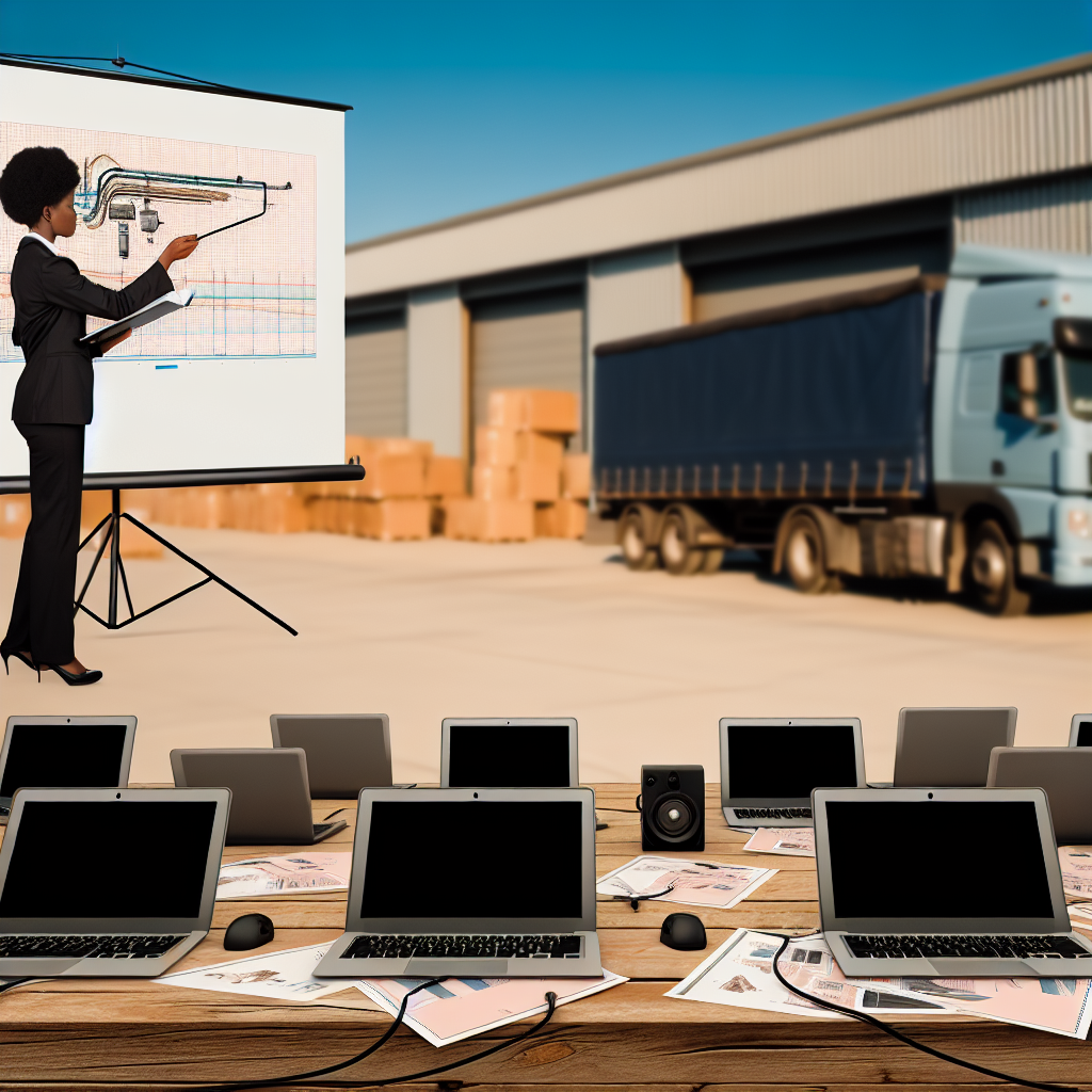 Laptops, Dozenten, Lastwagen, Schulungspapiere, Lagerhalle, Weiterbildung.