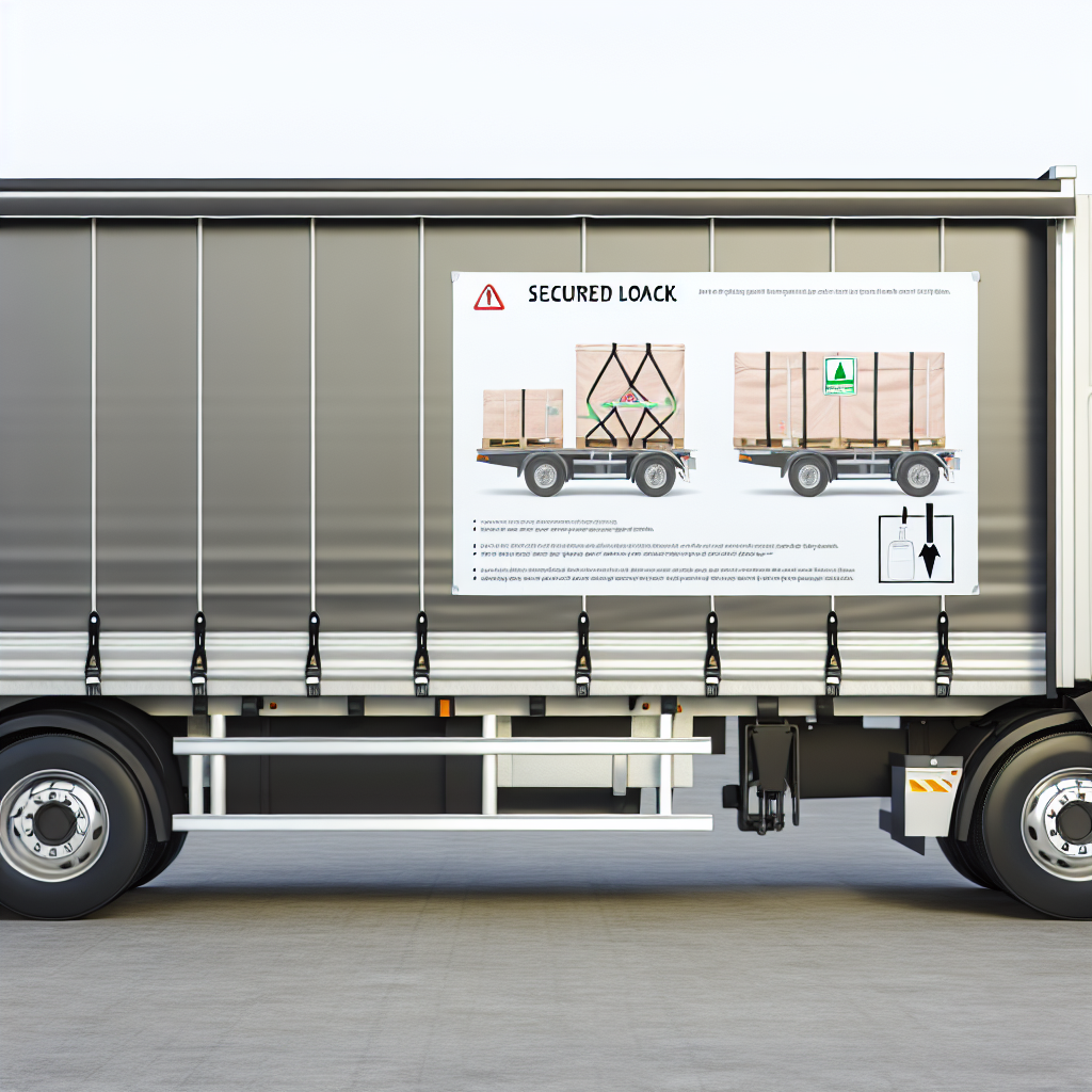 Lastwagen mit gesicherter Ladung und Schulungsplakat.