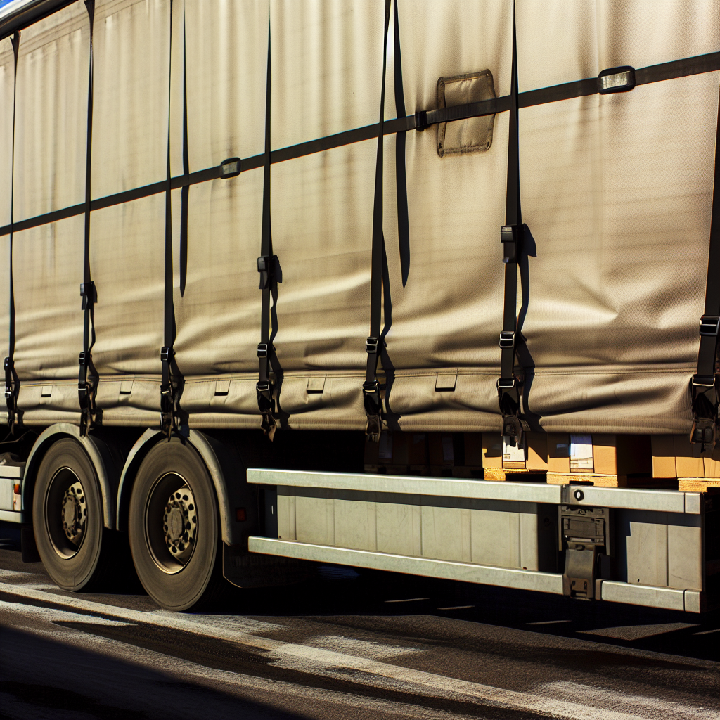 Lastwagen mit gesicherter Ladung und Zurrgurten.
