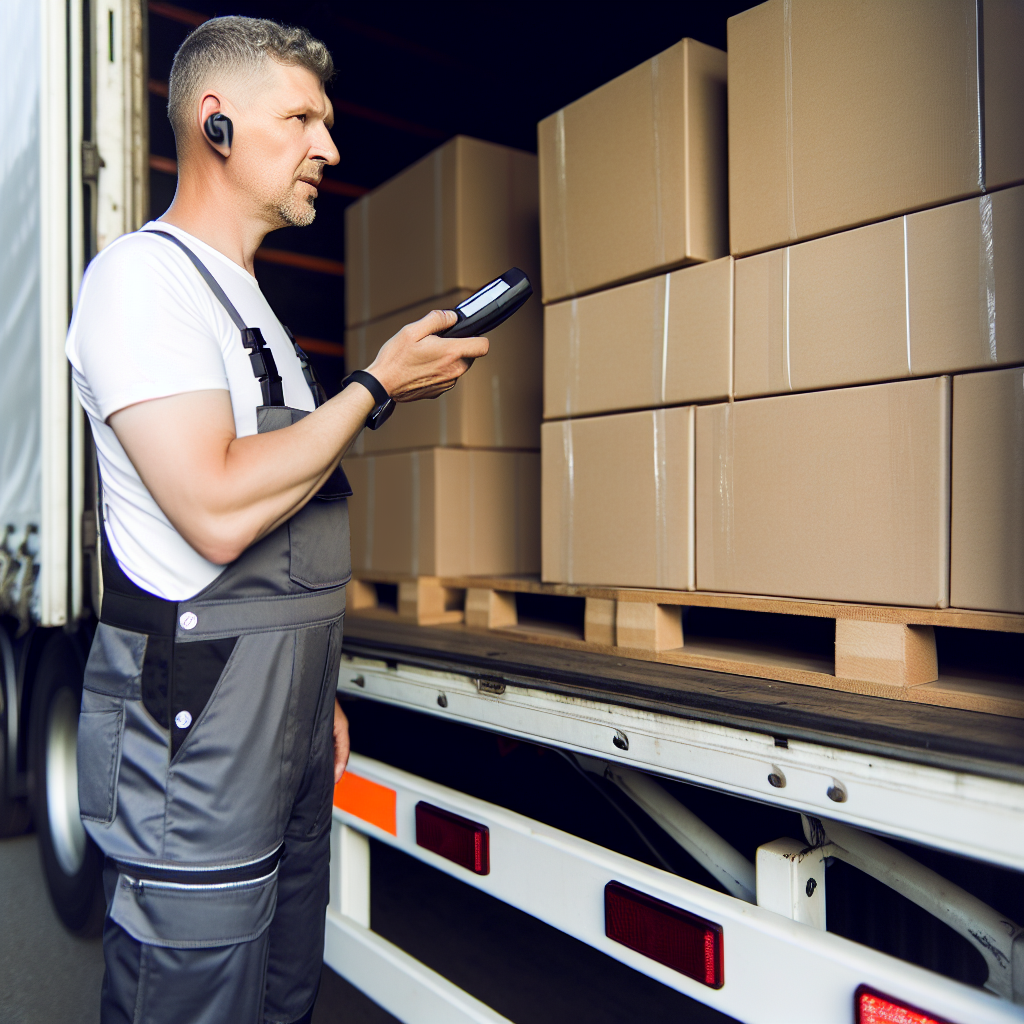 Lkw-Fahrer überprüft Ladungssicherung mit modernem Equipment.