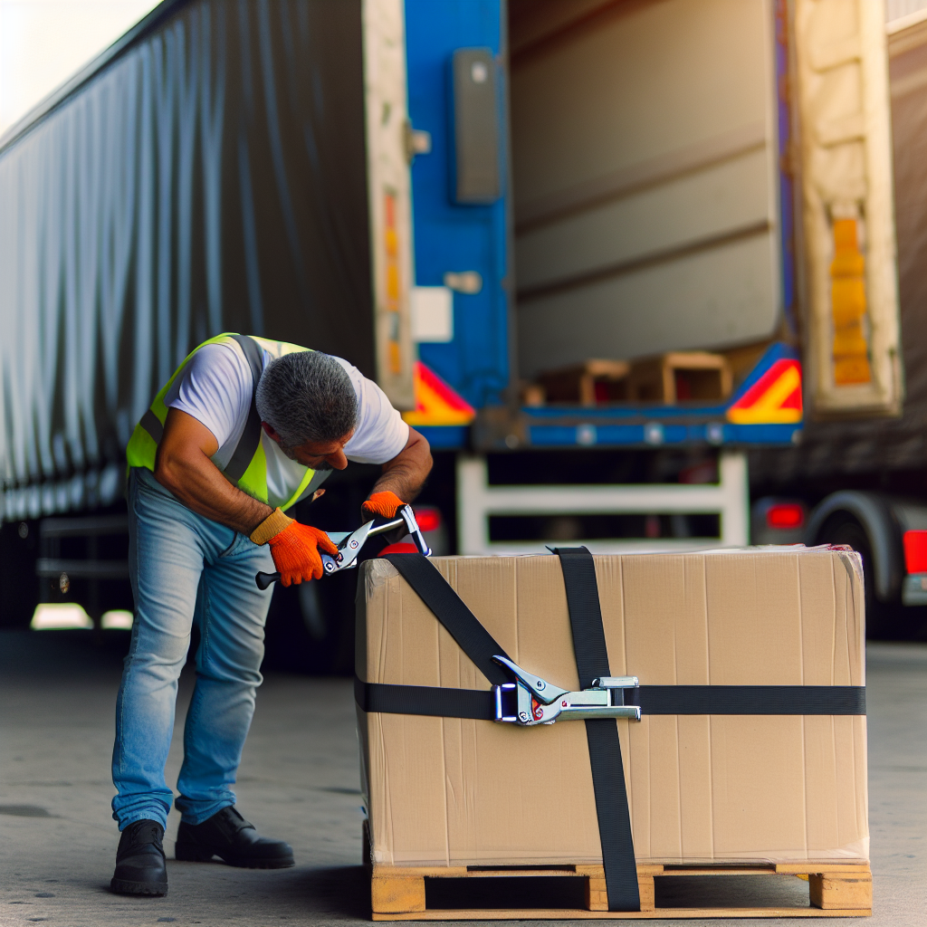 Lkw-Fahrer sichert sorgfältig Fracht mit Zurrgurten.