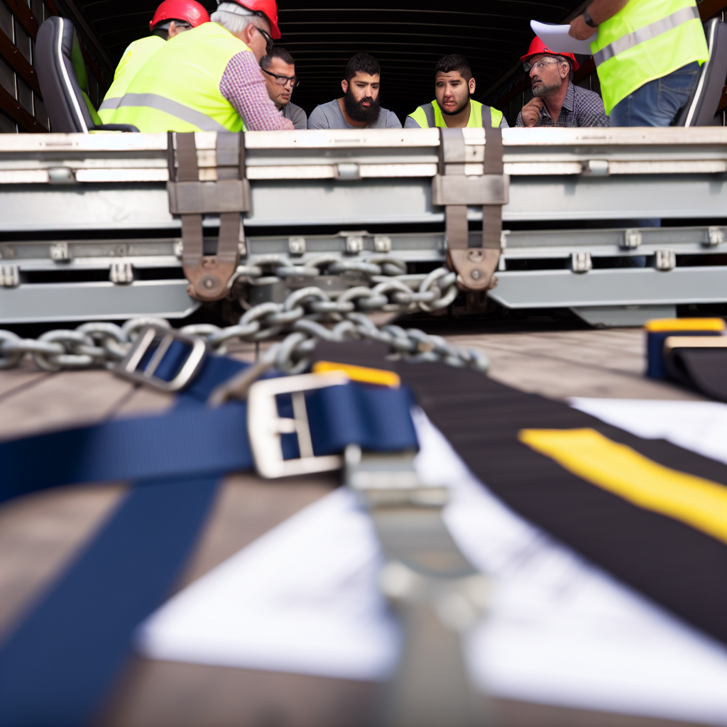 LKW mit Spanngurten, Ketten und Schulungspersonal.