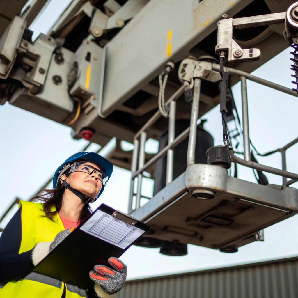 Mitarbeiter inspiziert sorgfältig Hubarbeitsbühne mit Checkliste.