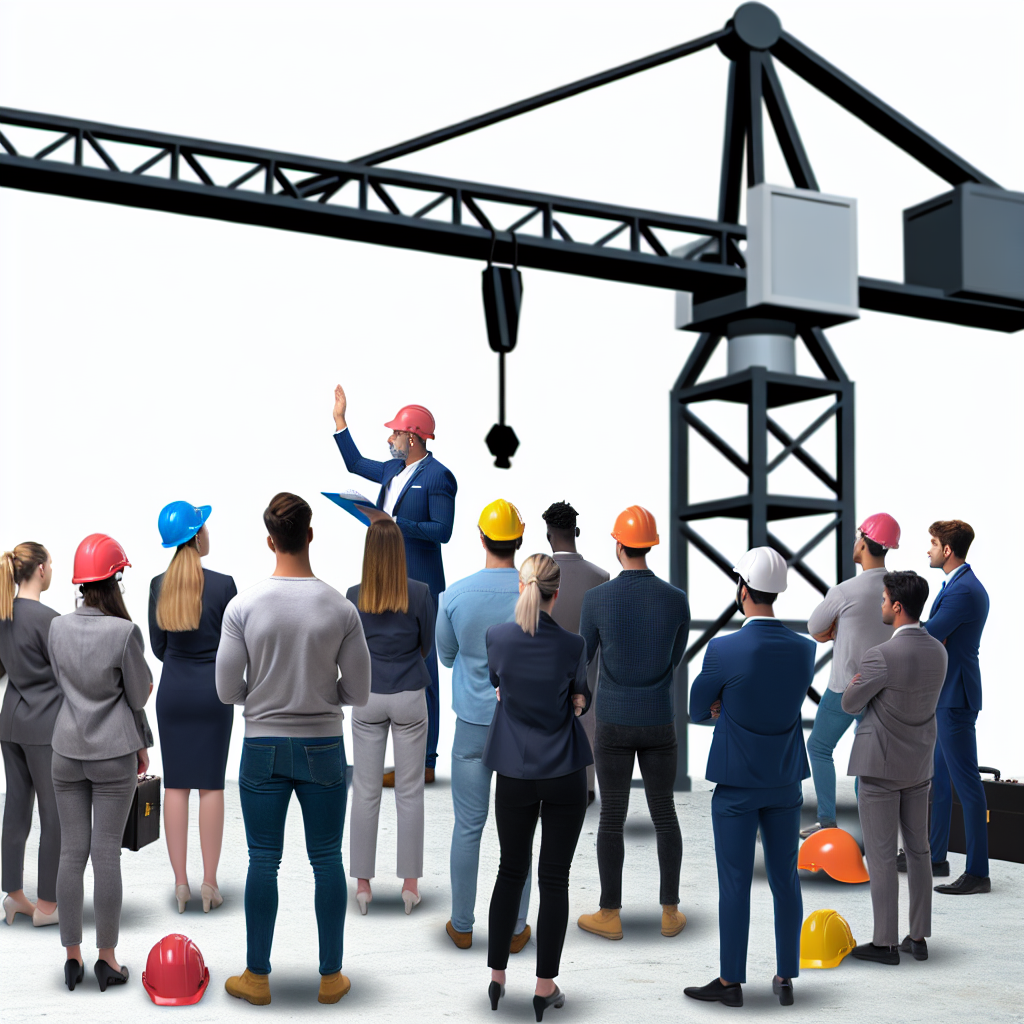 Mitarbeiter lernen Sicherheit neben gigantischem Kran.