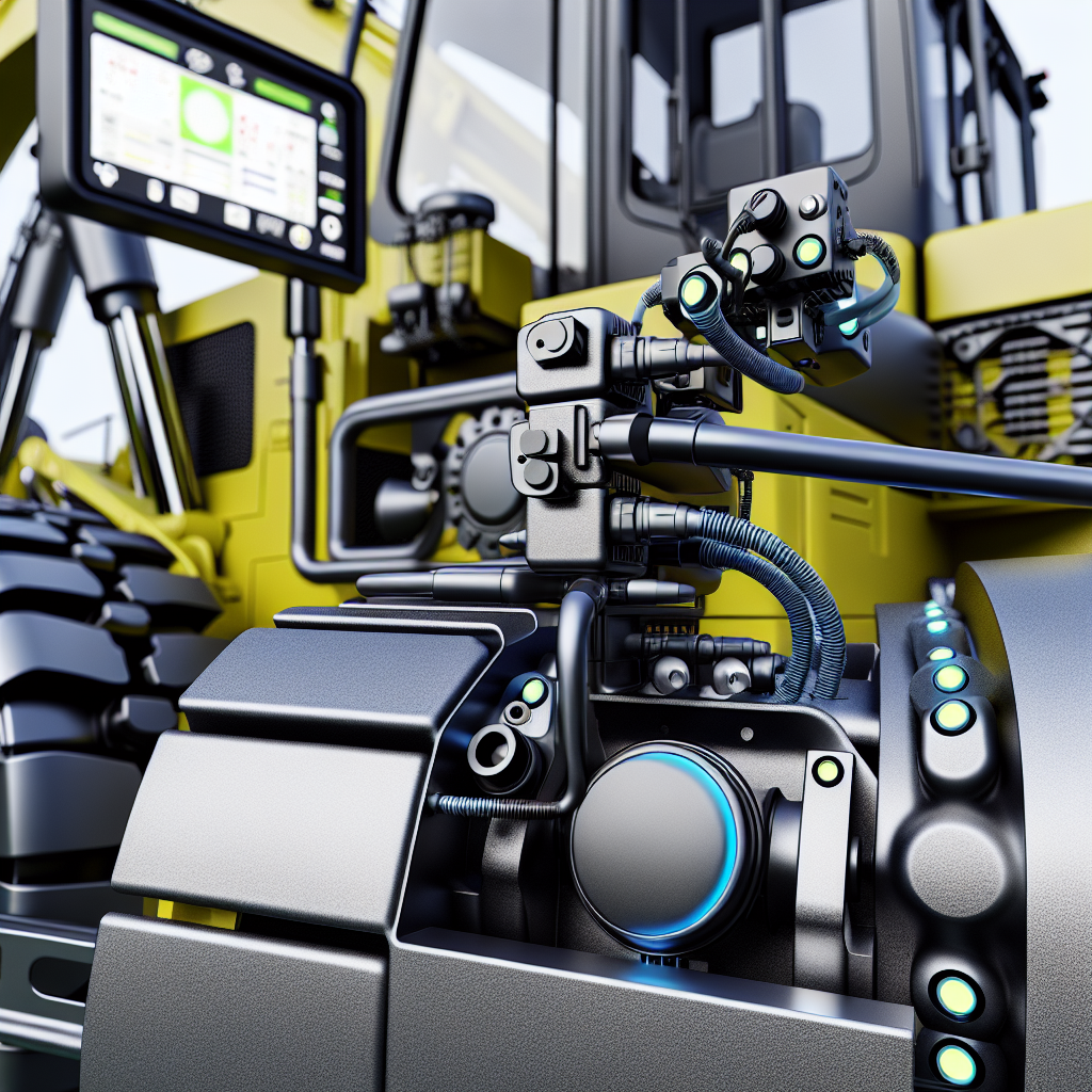 Moderne Erdbaumaschine, Sensoren, virtuelle Schulung, Sicherheitstechnologien, Überwachungssysteme.