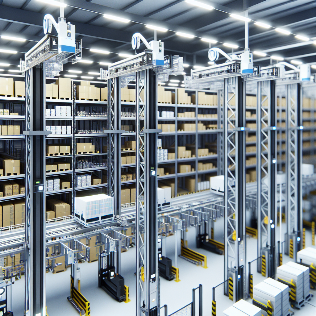 Modernes Lager mit automatisierten, energieeffizienten Kränen.