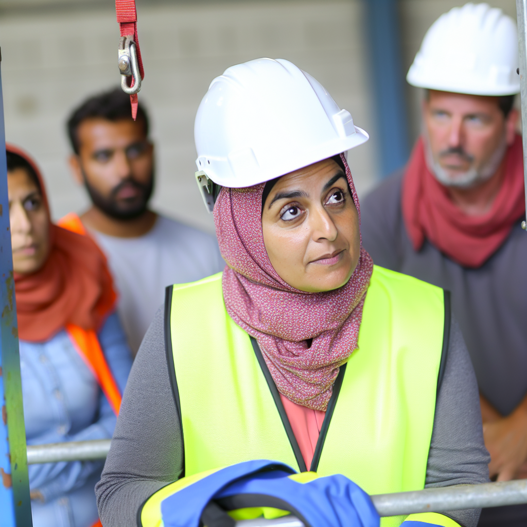 Person bedient Hubarbeitsbühne während Schulungssitzung konzentriert.